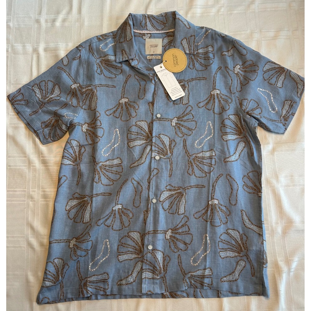 Common People Shirt Mens M Blue Floral Linen Blend Short Sleeve Camp Collar NWT